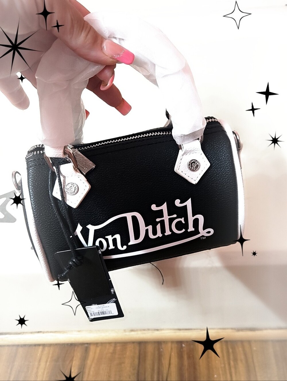 Von Dutch Black Mini Barrel Bag with White Trim **Never Used Tags Still On .